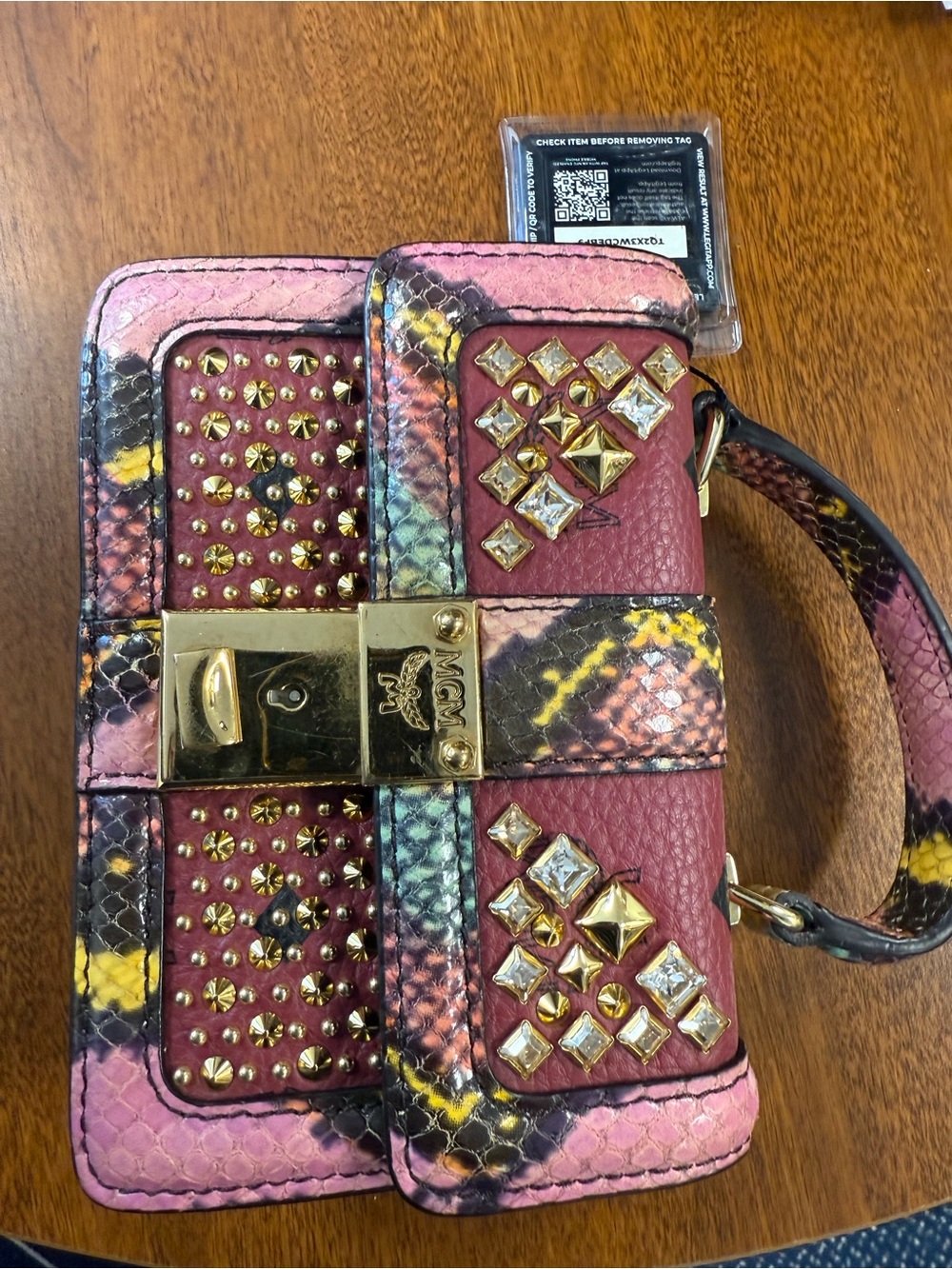 MCM Studded Padlock Trunk Handbag w/ Crossbody Strap
